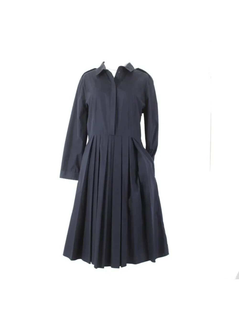 Burberry Dress Sz 12 Navy Blue Pockets Pleated Collared 100% Cotton Dress - Picture 2 of 16